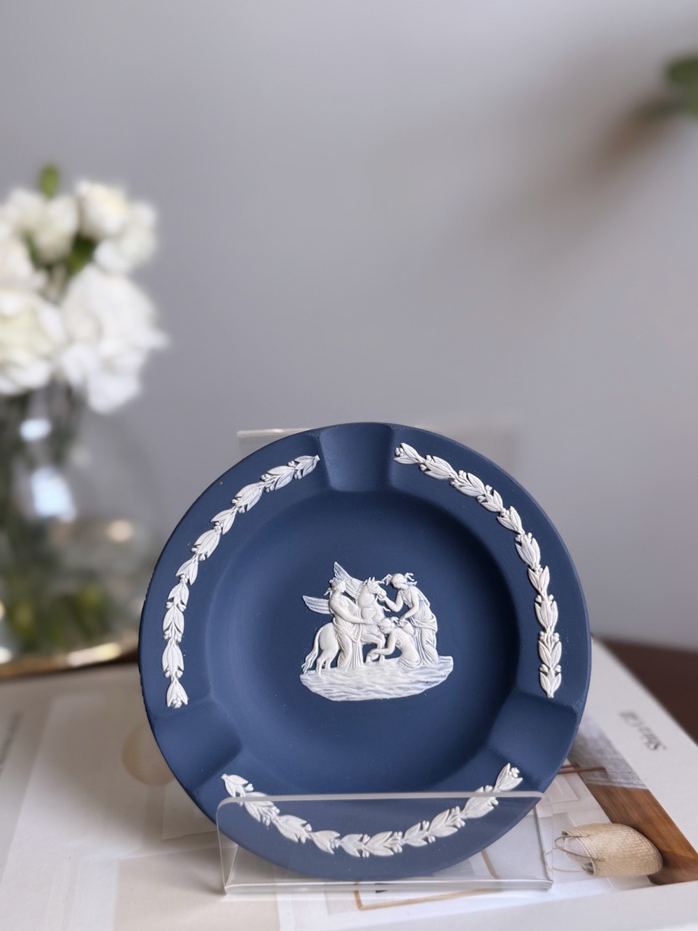 Wedgwood Blue Jasperware Decorative Ashtray with White Relief